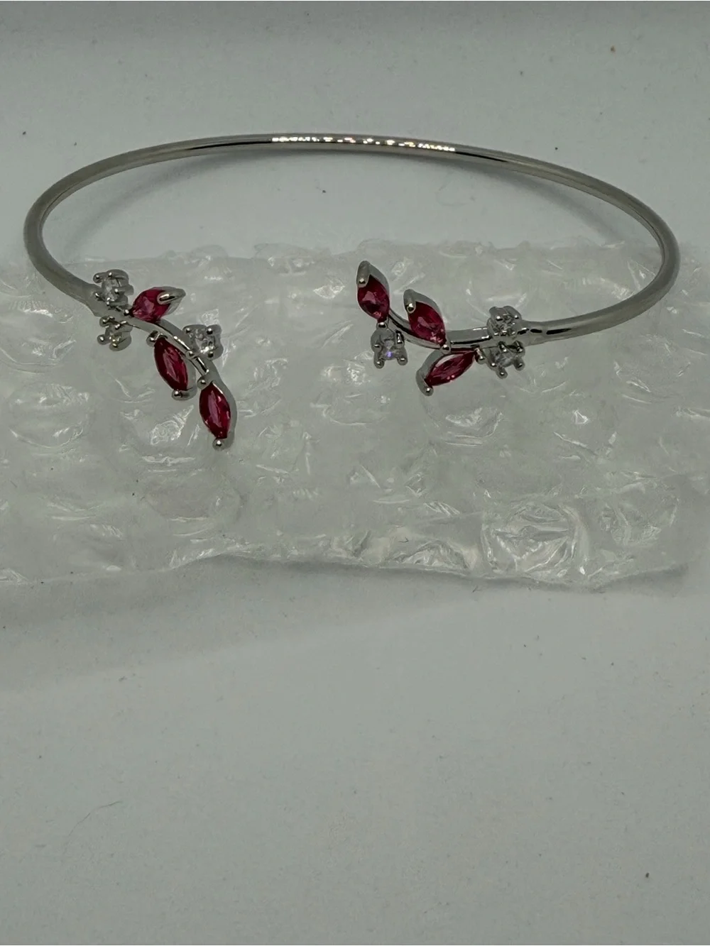 Silver Open Bangle Bracelet with Pink Marquise Stones